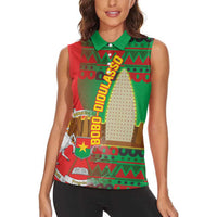Burkina Faso Women Sleeveless Polo Shirt with Red Green Tribal Design and Bobo Dioulasso Landmark - Wonder Print Shop