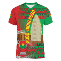 Burkina Faso Women V-Neck T-Shirt with Red Green Tribal Design and Bobo Dioulasso Landmark - Wonder Print Shop