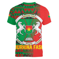 Burkina Faso Women V-Neck T-Shirt with Red Green Tribal Design and Bobo Dioulasso Landmark - Wonder Print Shop