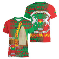 Burkina Faso Women V-Neck T-Shirt with Red Green Tribal Design and Bobo Dioulasso Landmark - Wonder Print Shop