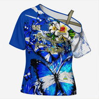 Nicaragua Independence Day Cross Shoulder Shirt Blue Butterfly Sacred Sacuanjoche Cultural Floral Art