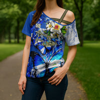 Nicaragua Independence Day Cross Shoulder Shirt Blue Butterfly Sacred Sacuanjoche Cultural Floral Art