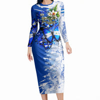 Nicaragua Independence Day Long Sleeve Bodycon Dress Blue Butterfly Sacred Sacuanjoche Cultural Floral Art