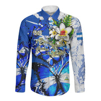 Nicaragua Independence Day Long Sleeve Button Shirt Blue Butterfly Sacred Sacuanjoche Cultural Floral Art