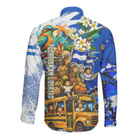Nicaragua Independence Day Long Sleeve Button Shirt Blue Butterfly Sacred Sacuanjoche Cultural Floral Art