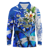 Nicaragua Independence Day Long Sleeve Polo Shirt Blue Butterfly Sacred Sacuanjoche Cultural Floral Art