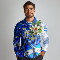 Nicaragua Independence Day Long Sleeve Polo Shirt Blue Butterfly Sacred Sacuanjoche Cultural Floral Art