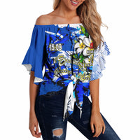 Nicaragua Independence Day Off Shoulder Wrap Waist Top Blue Butterfly Sacred Sacuanjoche Cultural Floral Art