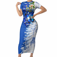 Nicaragua Independence Day Short Sleeve Bodycon Dress Blue Butterfly Sacred Sacuanjoche Cultural Floral Art
