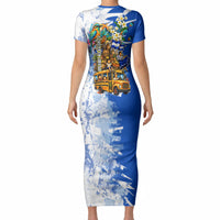 Nicaragua Independence Day Short Sleeve Bodycon Dress Blue Butterfly Sacred Sacuanjoche Cultural Floral Art