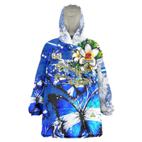 Nicaragua Independence Day Wearable Blanket Hoodie Blue Butterfly Sacred Sacuanjoche Cultural Floral Art