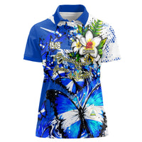 Nicaragua Independence Day Women Polo Shirt Blue Butterfly Sacred Sacuanjoche Cultural Floral Art