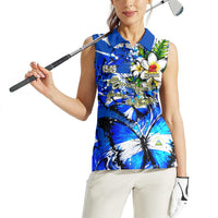 Nicaragua Independence Day Women Sleeveless Polo Shirt Blue Butterfly Sacred Sacuanjoche Cultural Floral Art