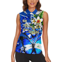 Nicaragua Independence Day Women Sleeveless Polo Shirt Blue Butterfly Sacred Sacuanjoche Cultural Floral Art