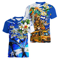 Nicaragua Independence Day Women V-Neck T-Shirt Blue Butterfly Sacred Sacuanjoche Cultural Floral Art
