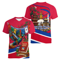 Nepal Constitution Day Women V-Neck T-Shirt Himalayan Temples Danphe Himalayan Monal Floral