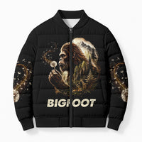 Bigfoot Blowing Wishes Dandelion Bomber Puffer Jacket Vintage Sasquatch Art Forest Mountain Nature