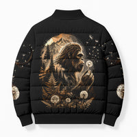 Bigfoot Blowing Wishes Dandelion Bomber Puffer Jacket Vintage Sasquatch Art Forest Mountain Nature