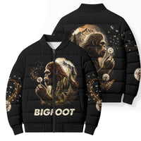 Bigfoot Blowing Wishes Dandelion Bomber Puffer Jacket Vintage Sasquatch Art Forest Mountain Nature
