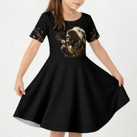 Bigfoot Blowing Wishes Dandelion Kid Short Sleeve Dress Vintage Sasquatch Art Forest Mountain Nature