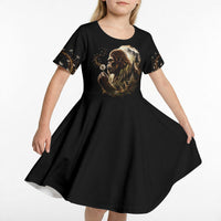 Bigfoot Blowing Wishes Dandelion Kid Short Sleeve Dress Vintage Sasquatch Art Forest Mountain Nature