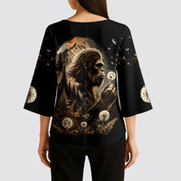 Bigfoot Blowing Wishes Dandelion Kimono Sleeve Blouse Vintage Sasquatch Art Forest Mountain Nature