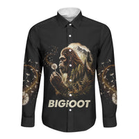 Bigfoot Blowing Wishes Dandelion Long Sleeve Button Shirt Vintage Sasquatch Art Forest Mountain Nature