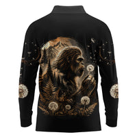 Bigfoot Blowing Wishes Dandelion Long Sleeve Polo Shirt Vintage Sasquatch Art Forest Mountain Nature