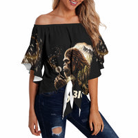 Bigfoot Blowing Wishes Dandelion Off Shoulder Wrap Waist Top Vintage Sasquatch Art Forest Mountain Nature