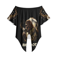 Bigfoot Blowing Wishes Dandelion Off Shoulder Wrap Waist Top Vintage Sasquatch Art Forest Mountain Nature