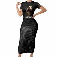 Bigfoot Blowing Wishes Dandelion Short Sleeve Bodycon Dress Vintage Sasquatch Art Forest Mountain Nature