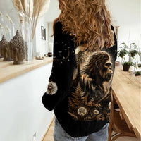 Bigfoot Blowing Wishes Dandelion Women Casual Shirt Vintage Sasquatch Art Forest Mountain Nature