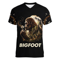 Bigfoot Blowing Wishes Dandelion Women V-Neck T-Shirt Vintage Sasquatch Art Forest Mountain Nature