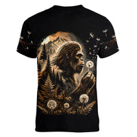 Bigfoot Blowing Wishes Dandelion Women V-Neck T-Shirt Vintage Sasquatch Art Forest Mountain Nature