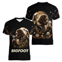 Bigfoot Blowing Wishes Dandelion Women V-Neck T-Shirt Vintage Sasquatch Art Forest Mountain Nature