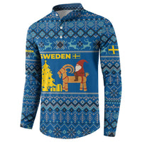Sweden Christmas Button Sweatshirt with Gnome Yule Goat Royal Crest and Nordic Pattern - Wonder Print Shop