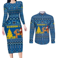 Sweden Christmas Couples Matching Long Sleeve Bodycon Dress and Long Sleeve Button Shirt with Gnome Yule Goat Royal Crest and Nordic Pattern - Wonder Print Shop
