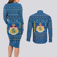 Sweden Christmas Couples Matching Long Sleeve Bodycon Dress and Long Sleeve Button Shirt with Gnome Yule Goat Royal Crest and Nordic Pattern - Wonder Print Shop
