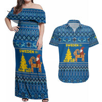 Sweden Christmas Couples Matching Off Shoulder Maxi Dress and Hawaiian Shirt with Gnome Yule Goat Royal Crest and Nordic Pattern - Wonder Print Shop