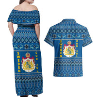 Sweden Christmas Couples Matching Off Shoulder Maxi Dress and Hawaiian Shirt with Gnome Yule Goat Royal Crest and Nordic Pattern - Wonder Print Shop