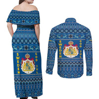Sweden Christmas Couples Matching Off Shoulder Maxi Dress and Long Sleeve Button Shirt with Gnome Yule Goat Royal Crest and Nordic Pattern - Wonder Print Shop