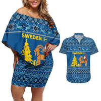 Sweden Christmas Couples Matching Off Shoulder Short Dress and Hawaiian Shirt with Gnome Yule Goat Royal Crest and Nordic Pattern - Wonder Print Shop