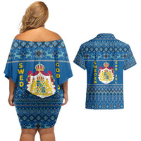 Sweden Christmas Couples Matching Off Shoulder Short Dress and Hawaiian Shirt with Gnome Yule Goat Royal Crest and Nordic Pattern - Wonder Print Shop