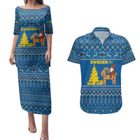 Sweden Christmas Couples Matching Puletasi and Hawaiian Shirt with Gnome Yule Goat Royal Crest and Nordic Pattern - Wonder Print Shop