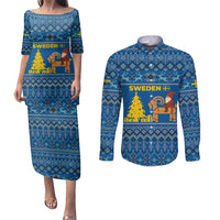 Sweden Christmas Couples Matching Puletasi and Long Sleeve Button Shirt with Gnome Yule Goat Royal Crest and Nordic Pattern - Wonder Print Shop