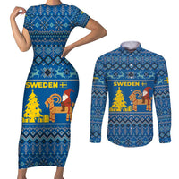Sweden Christmas Couples Matching Short Sleeve Bodycon Dress and Long Sleeve Button Shirt with Gnome Yule Goat Royal Crest and Nordic Pattern - Wonder Print Shop
