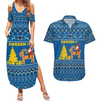 Sweden Christmas Couples Matching Summer Maxi Dress and Hawaiian Shirt with Gnome Yule Goat Royal Crest and Nordic Pattern - Wonder Print Shop