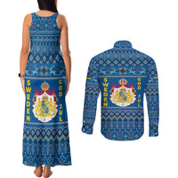 Sweden Christmas Couples Matching Tank Maxi Dress and Long Sleeve Button Shirt with Gnome Yule Goat Royal Crest and Nordic Pattern - Wonder Print Shop