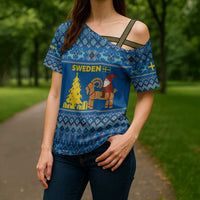 Sweden Christmas Cross Shoulder Shirt with Gnome Yule Goat Royal Crest and Nordic Pattern - Wonder Print Shop