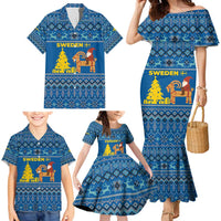 Sweden Christmas Family Matching Mermaid Dress and Hawaiian Shirt with Gnome Yule Goat Royal Crest and Nordic Pattern - Wonder Print Shop